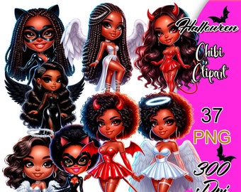 Halloween Chibi Girls Clipart, Cute Dolls PNG (Digital Download)