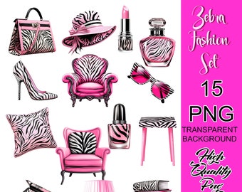 Clipart de conjunto de moda, clipart de agenda rosa, clipart de papelería rosa, pegatinas de agenda imprimibles, clipart de accesorios de moda, decoración de agenda.