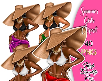 Zomermeisje clipart, strandmeisjes clipart, badmode meisje clipart, tropische vakantie, hete meiden zomer, zwarte vrouw stickers, summer Vibes, png.