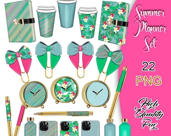 Summer Planner Clipart, Planner Set Clipart, Girl Boss Planner, Agenda Clipart,  Bow Paperclips Digital, Coffee Clipart, Planner Stickers.