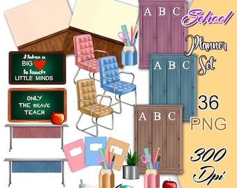 Kit d'autocollants pour agenda scolaire, cliparts de scène de fond d'école, fournitures scolaires mignonnes, ensemble de cliparts d'enseignement d'autocollants, clipart école de papeterie.
