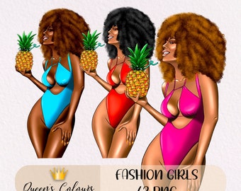 Beach Girls Clipart, Summer Girl Clipart, Beach Time Clipart, Swimwear Girl Clipart,  Black Girl Clipart, Tropical Holiday.