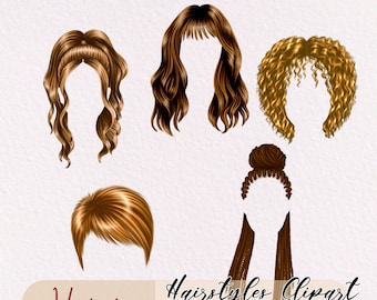 May include: Set of five digital illustrations of different hairstyles for women. The hairstyles are brown, blonde, and black. The illustrations are in a cartoon style and are perfect for use in digital design projects.