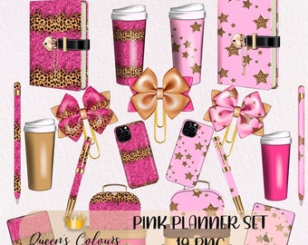 Pink Planner Clipart Set, Girl Boss Planner Cliparts, Die Cut Cliparts, Functional Stickers, Printable Stickers, Stationery Clipart