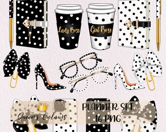 Girl Boss Planner Planner Decorations, Coffee Clipart, Boss Lady Clipart, Polka Dot Planner Stickers, Stationery Clipart, Fashion Stickers.