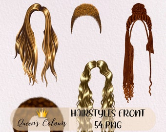 May include: A set of five digital illustrations of different hairstyles for women. The hairstyles are in various styles, including straight, wavy, and braided. The illustrations are in a cartoon style and are perfect for use in digital design projects.