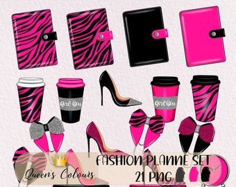 Fashion Planner Set Clipart, Planner Decorations Kit,  Fashion Clipart, Girl Boss Clipart, Planner Cliparts, Pink Stationery Clipart.