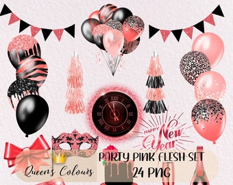 New Year Party Clipart, Pink & Black, Handmade PNG (Digital Download)
