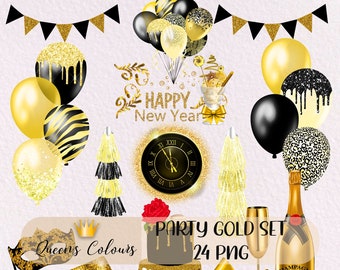 Könnte beinhalten: Eine digitale Illustration mit Party-Thema, mit goldenen, schwarzen und weißen Elementen. Enthält Luftballons, einen Kuchen, Champagner, eine Uhr und Banner. Der Text "HAPPY New Year" und "PARTY GOLD SET 24 PNG" sind sichtbar.