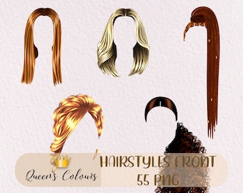 May include: Five different hairstyles for women, including straight, wavy, curly, and braided styles. The image is labeled "HAIRSTYLES FRONT 55 PNG" and "Queens Colours".