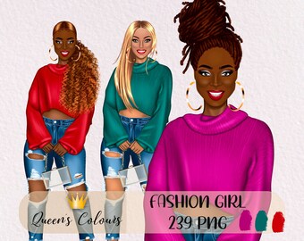 Denim Girl Clipart, Fashion Girl Clipart, Planner Babe Clipart, Jeans Girl Clipart, Black Lady Clipart, Denim Clipart, Black WomenClipart.