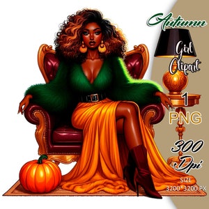 Autumn Black Girl on Chair, Fall Black Girl Planner Stickers, Autumn Woman Clipart, Afro Planner Girl PNG, Boss Lady Clipart, Autumn PNG.
