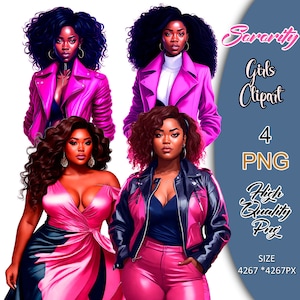 Sorority Women Clipart, Blue and Pink, Sorority Sister Girls Clipart, Sisterhood Clipart, Afro American Clipart, Brown Skin Woman Clipart.