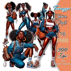 Clipart de adolescente afro, clipart de adolescente negra, clipart de mujeres jóvenes, clipart de joven afro, clipart de adolescente, pegatinas de adolescente.