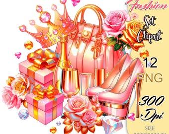 Glamorous Luxury Pink and Gold Fashion Clipart, Glamorous Digital Scrapbooking Design, Pink and Gold Set for Planning, Fashion Sublimation.
