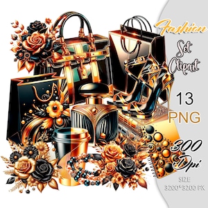Ensemble de cliparts glamour doré et noir, agenda or et noir autocollants PNG, clipart accessoires de mode, or et noir agenda PNG.