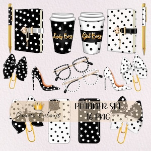 Girl Boss planner planner decoraties, koffie clipart, Boss Lady clipart, polka dot planner stickers, briefpapier clipart, fashion stickers.