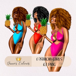 Strandmeisjes Clipart, zomermeisje Clipart, strandtijd Clipart, badmode meisje Clipart, Black Girl Clipart, tropische vakantie.