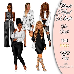 Clipart di ragazze in bianco e nero, clipart di ragazze alla moda, clipart di donne nere, clipart di ragazze afro, clipart di ragazze delle confraternite, illustrazioni di moda.