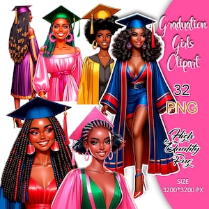 Afstuderen meisje clipart, afstuderen meisje PNG, afstuderen meisjes planner stickers, College Senior clipart, Afro studenten afstuderen clipart.
