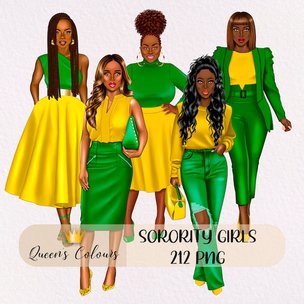 Sorority Girls Yellow and Green Sorority Chi Eta Phi Sisterhood Girls Clipart Sister Girls Clipart African American Girls Black People PNG