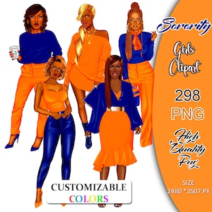 Sorority Girls Clipart, Orange and Blue Sorority, Sisterhood Clipart, Sister Girls Clip Art, Black Women Clipart, Black Sisters Clipart.