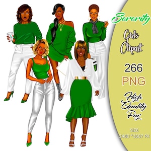Clipart filles sororité, filles vertes et blanches, soeur filles Clipart, clipart sororité, clipart femme noire, soeurs clipart.