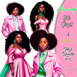Sorority Women Clipart, Alpha Kappa Alpha Sorority, Pink and Green Girls, Sister Girls Clip Art, Sisterhood Clipart.