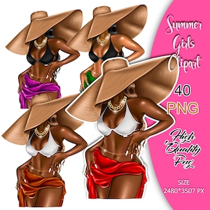 Zomermeisje clipart, strandmeisjes clipart, badmode meisje clipart, tropische vakantie, hete meiden zomer, zwarte vrouw stickers, summer Vibes, png.