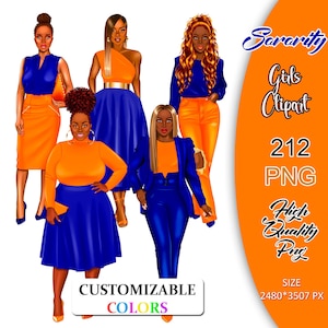 Sorority Girls Clipart, Orange and Blue Sorority, Sister Girls Clipart, Sisterhood Clipart, African American Clip Art, Black Girl Clipart
