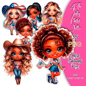 Clipart di bambole chibi per il 4 luglio, Clipart di ragazze chibi americane, Adesivi chibi per il 4 luglio, Bambole chibi USA, Clipart di ragazze chibi patriottiche.