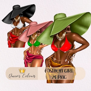 Beach Girl Clipart, Swimwear Girl Clipart, Hot Girl Summer, Summer Beach Clipart, Tropical Holiday Summer Planner Stickers, Black Girl PNG.