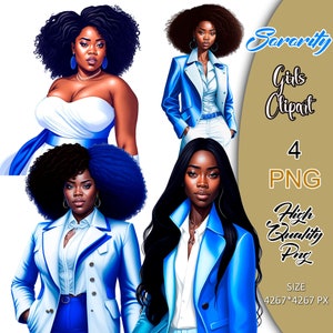Sorority Girls Blue and White, Sorority Women Clipart, Sisterhood Clipart, Afro Sisters, Black Women Clipart, Afro Women, Sisters Clipart.