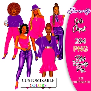 Sorority Girls Clipart, Pink and Purple Girls, Sisterhood Clipart, Sister Girls Clipart, Black Women Clipart, Fashion Lady Clipart, Afro PNG