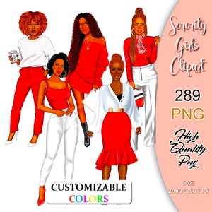 Sorority Girls Clipart, Red and White Girls, Sister Girls Clipart, Sisterhood Clipart, Fashion Girl Clipart, Afro Girls Clipart.