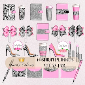 Roze planner set, mode planner set, mode set clipart, roze mode set, planner decoraties, koffie clipart, schattige set afdrukbare