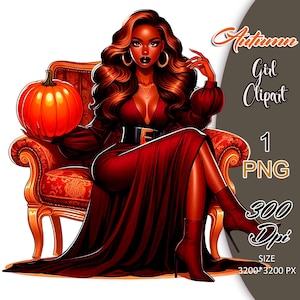 Autumn Girl Clipart, Fall Black Girl PNG, Autumn Planner Girl, Black Queen PNG, Girl Boss Clipart, Woman with Pumpkin, Black Woman Clipart.