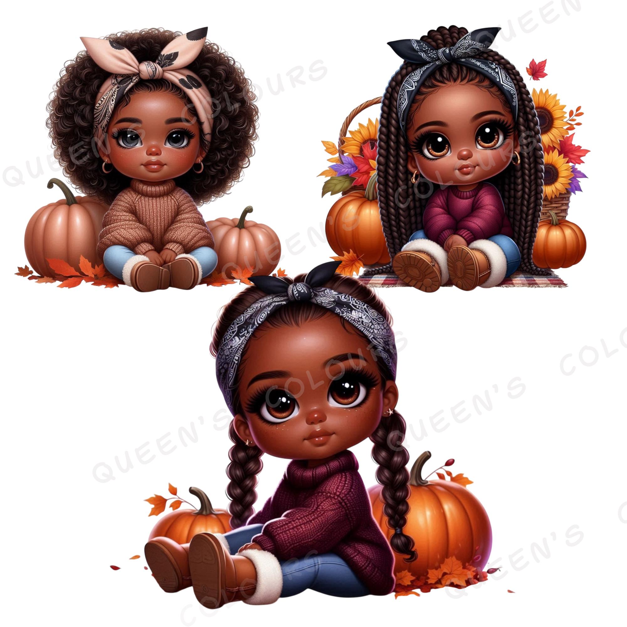 Cozy Fall Black Chibi Baby Clipart, Autumn Chibi Baby Png, Cute Chibi ...
