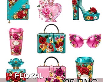 Floral Fashion PNG Bundle, Luxury Rose Clipart Set, Teal Pink Accessories PNG, Perfume Bag Shoe Png.