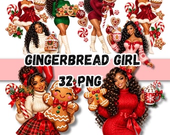 Black Christmas Girl PNG Bundle, Gingerbread Girl Clipart, Black Woman Christmas, Holiday Cookie PNG, Christmas Clipart