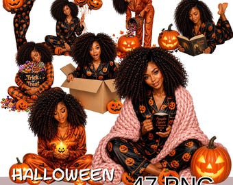 Halloween Pajama Girl Png Bundle, Black Girl Halloween Clipart, Pumpkin Pijama Girl Png, Cozy Autumn Girl Png.