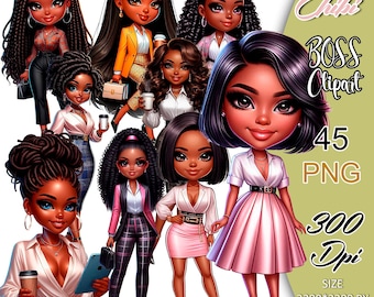 Girl Boss Chibi Clipart, Black Boss Chibi Planner, Office Chibi Clipart, Business Chibi Girl Stickers, Afro Chibi Clipart, Chibi Girl Boss.