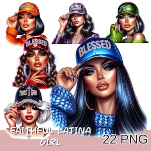 May include: Digital art featuring six stylized portraits of women wearing baseball caps with text like "Blessed", "The King's Daughter", and "Faith". The image includes the text "Faithful Latina Girl" and "22 PNG".