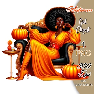Autumn Afro Girl Clipart, Woman on Chair Clipart, Fall Fashion Clipart Girl, Black Girl Autumn tickers, Black Girl Digital Planner.