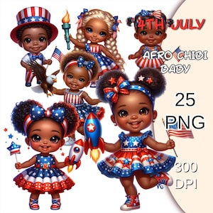 Chibi Afro Baby del 4 luglio, Clipart Chibi americano, Chibi Baby nero patriottico in formato PNG, Giorno dell'indipendenza in formato PNG, Clipart bambola Chibi degli Stati Uniti.