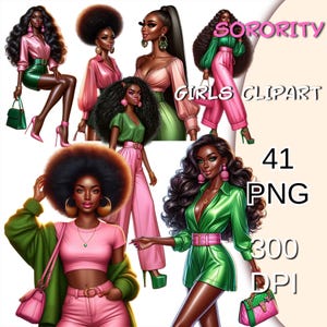 Sorority Pink and Green, Alpha Kappa Alpha Sorority, Sorority Women Clipart, Sister Girls Clipart, Sisterhood Clipart.