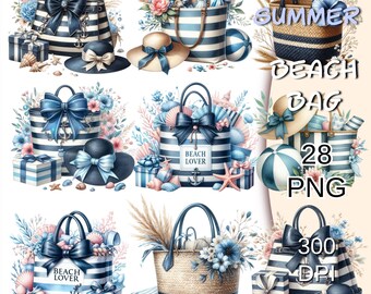 28 Png Summer Beach Bag Clipart Bundle, Nautical Summer Bag Png, Beach Bags Png, Summer Graphics Clipart, Summer Bag Stickers, Holiday Bag.