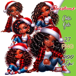 Clipart de Chibi de Navidad, Chica Chibi de Navidad PNG, Muñeca Chibi Afro de Navidad, Chibi Lindo de Papá Noel PNG, Clipart de Chibi Negro, Clipart de Chibi Lindo.