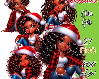 Christmas Chibi Clipart, Cristmas Chibi Girl PNG, Christmas Afro Chibi Doll, Santa Cute Chibi Png, Black Chibi Clipart, Cute Chibi Clipart.