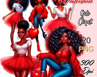 Valentines Day Girls Clipart, Valentine Girl PNG,  Love Sticker Clipart, Valentine Planner, Love Story Clipart, Black Women Clipart.